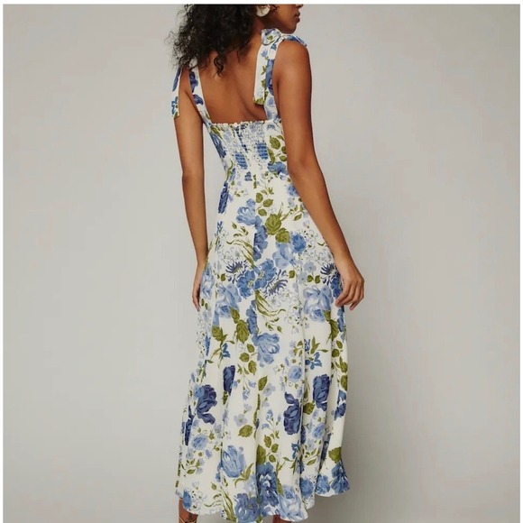 Reformation Dress Womens Size 2 Blue Floral Nadira Midi Smocked Tie Strap